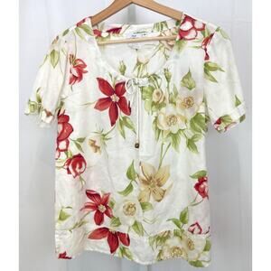HOT COTTON S Floral Tie Neck Top Short Sleeve Scoop Neck Linen Cotton Multicolor